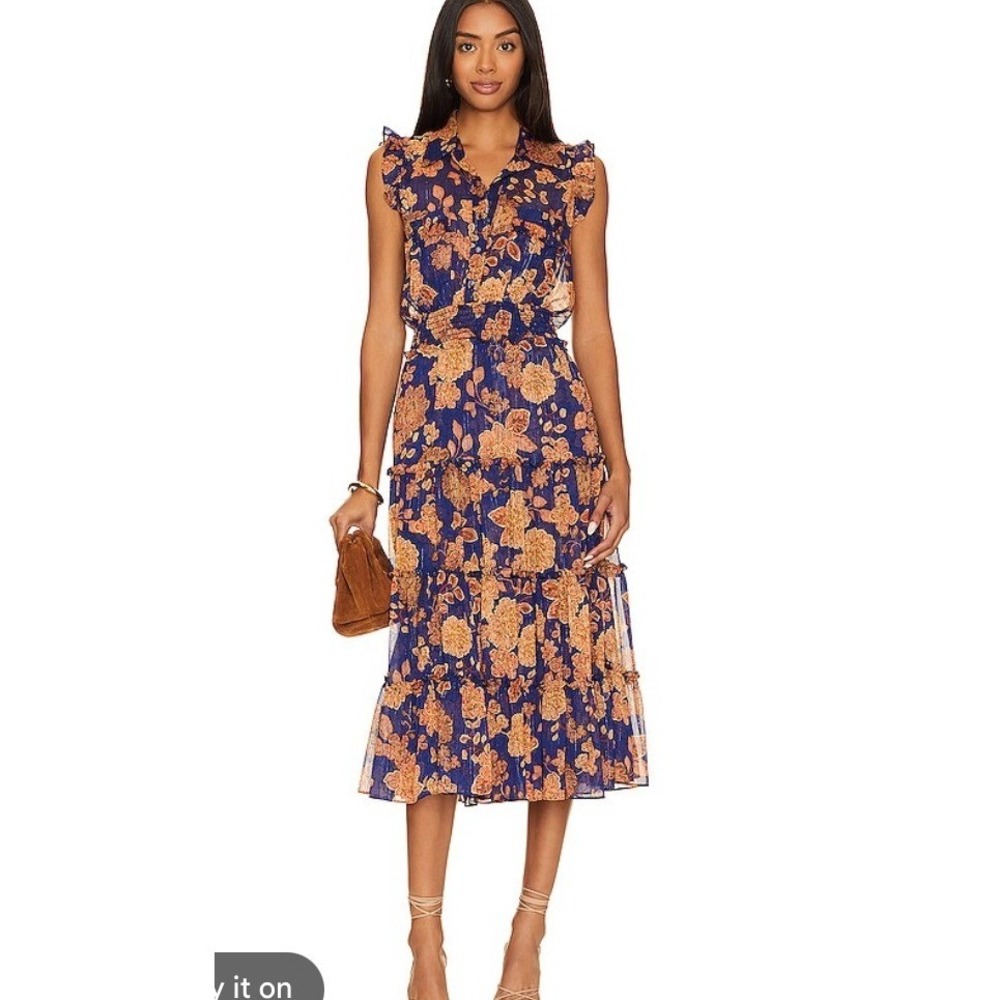 MISA Los Angeles Blue Floral Metallic Lurex Tiered Smocked Midi Dress Small